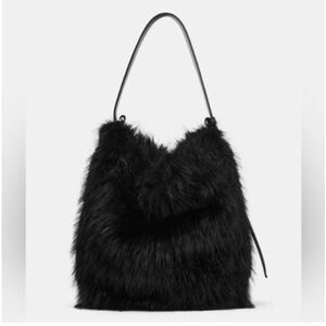 Zara Black Faux Fur Bucket Shoulder Bag